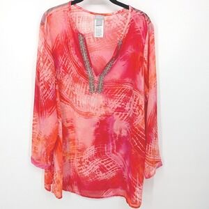 Chicos Tunic Blouse Womens Large Pink Orange Beaded V-Neck Sheer Coverup Top